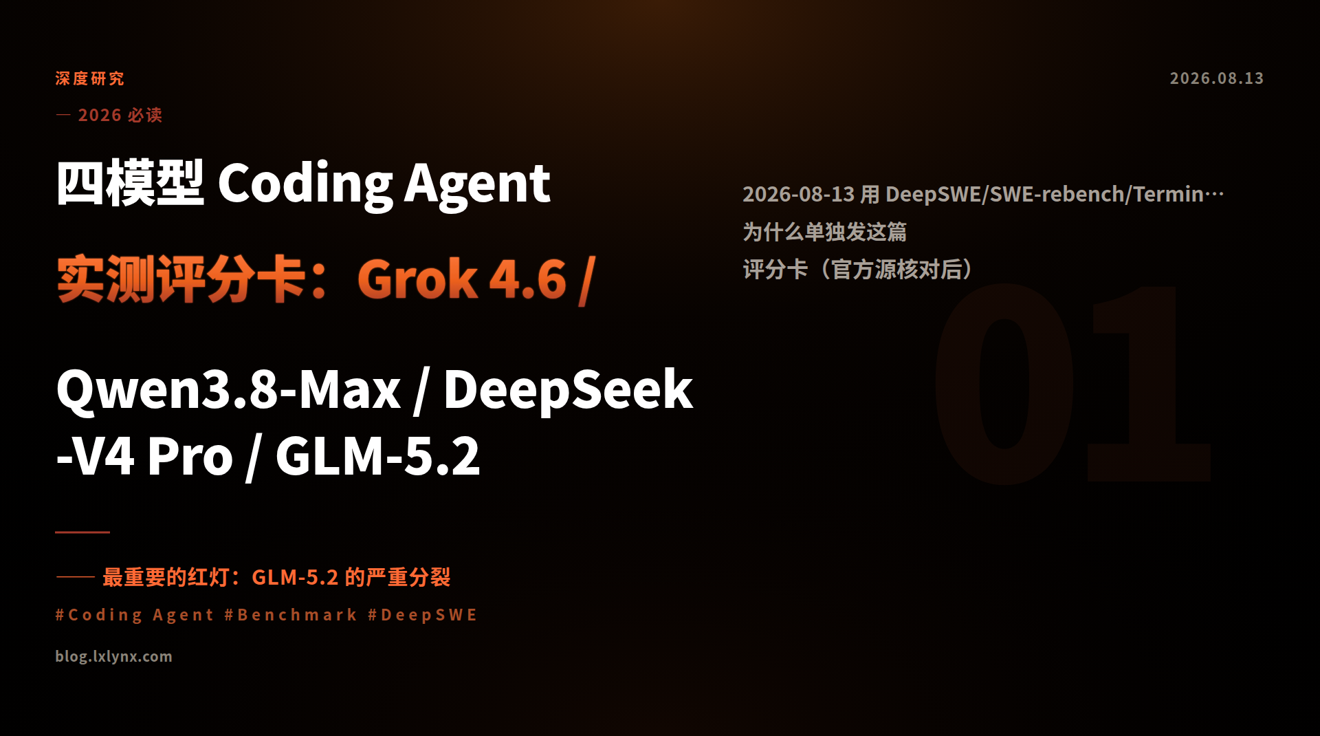四模型 Coding Agent 实测评分卡：Grok 4.6 / Qwen3.8-Max / DeepSeek-V4 Pro / GLM-5.2