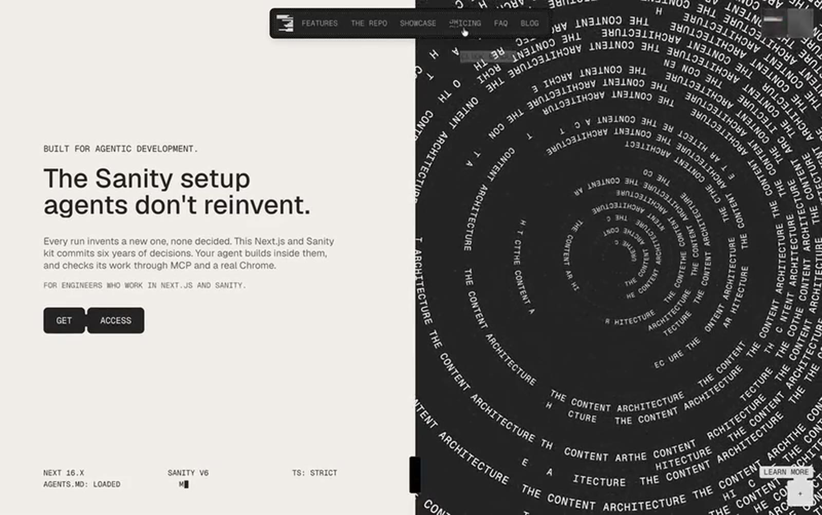 Sanity.io 的 AI Agent 时代产品页：左侧文案右侧文字云螺旋