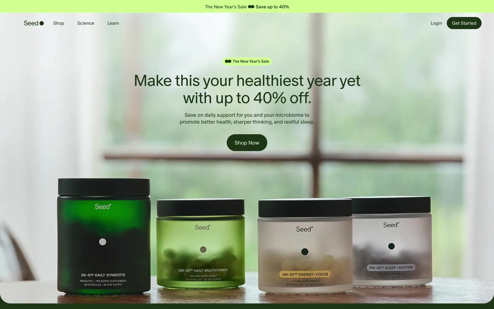 Seed Health 官网首屏：新年促销横幅下的产品阵列